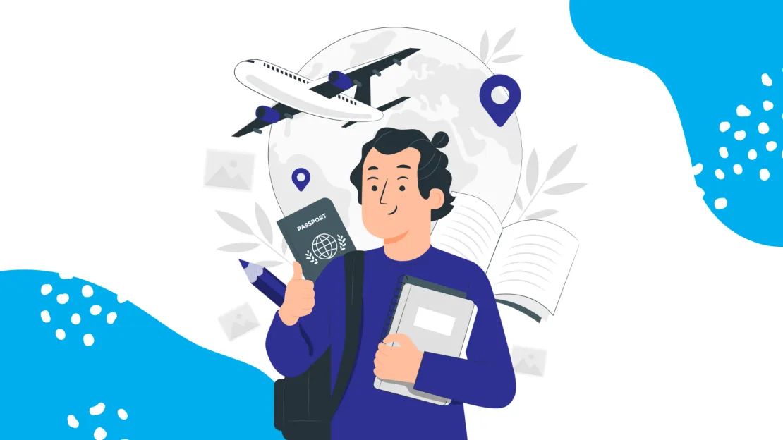 Illustration of someone holding luggage, with a plane in the background